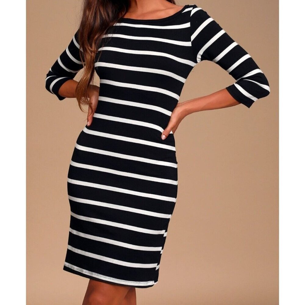 Lulus Heir Lines Striped Bodycon Dress Black White Casual Dress Women's Size M - Picture 8 of 9